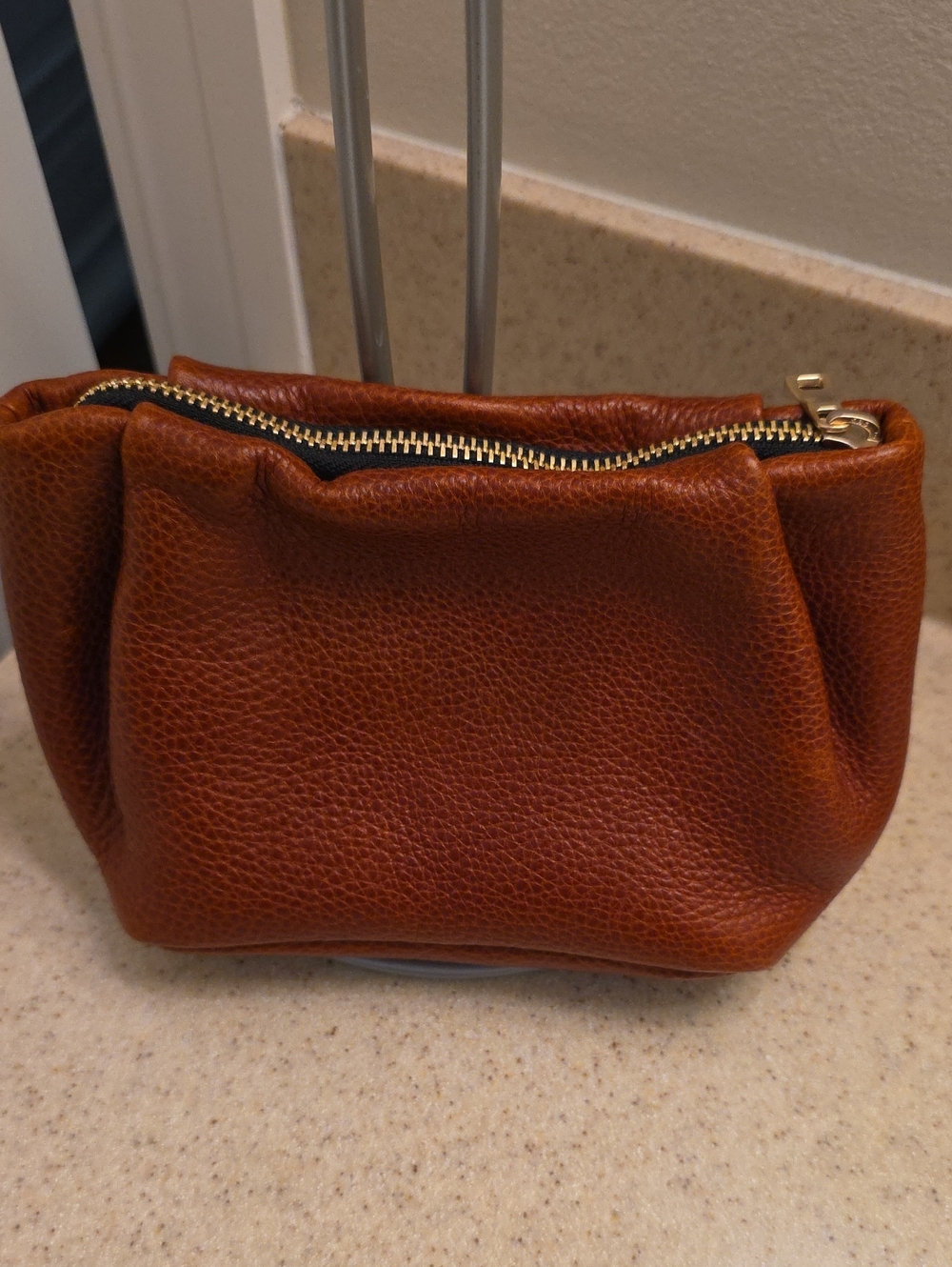 Portland Leather Cognac Pebbled Leather Cosmetic Pouch with Gold Zipper